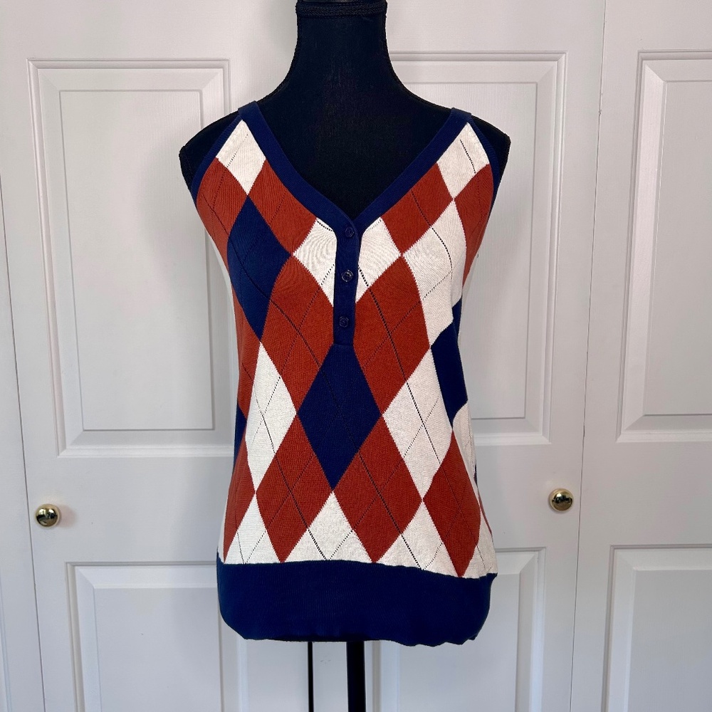 NEW Ben Sherman Argyle Sweater Vest in Navy, Cream and Orange Size M